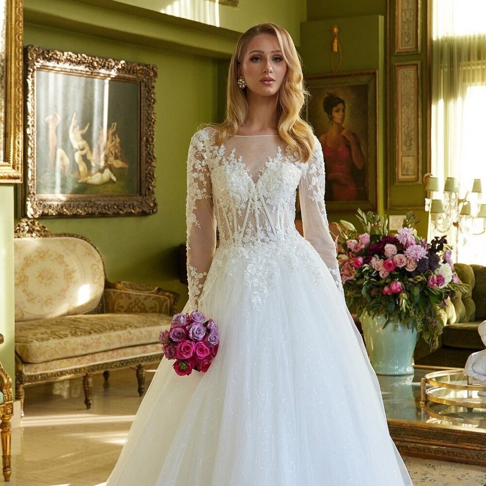 N/A NEW FORMAL OFF WHITE WEDDING LONG MESH GOWN W/ FLORAL & BEADS GL3603